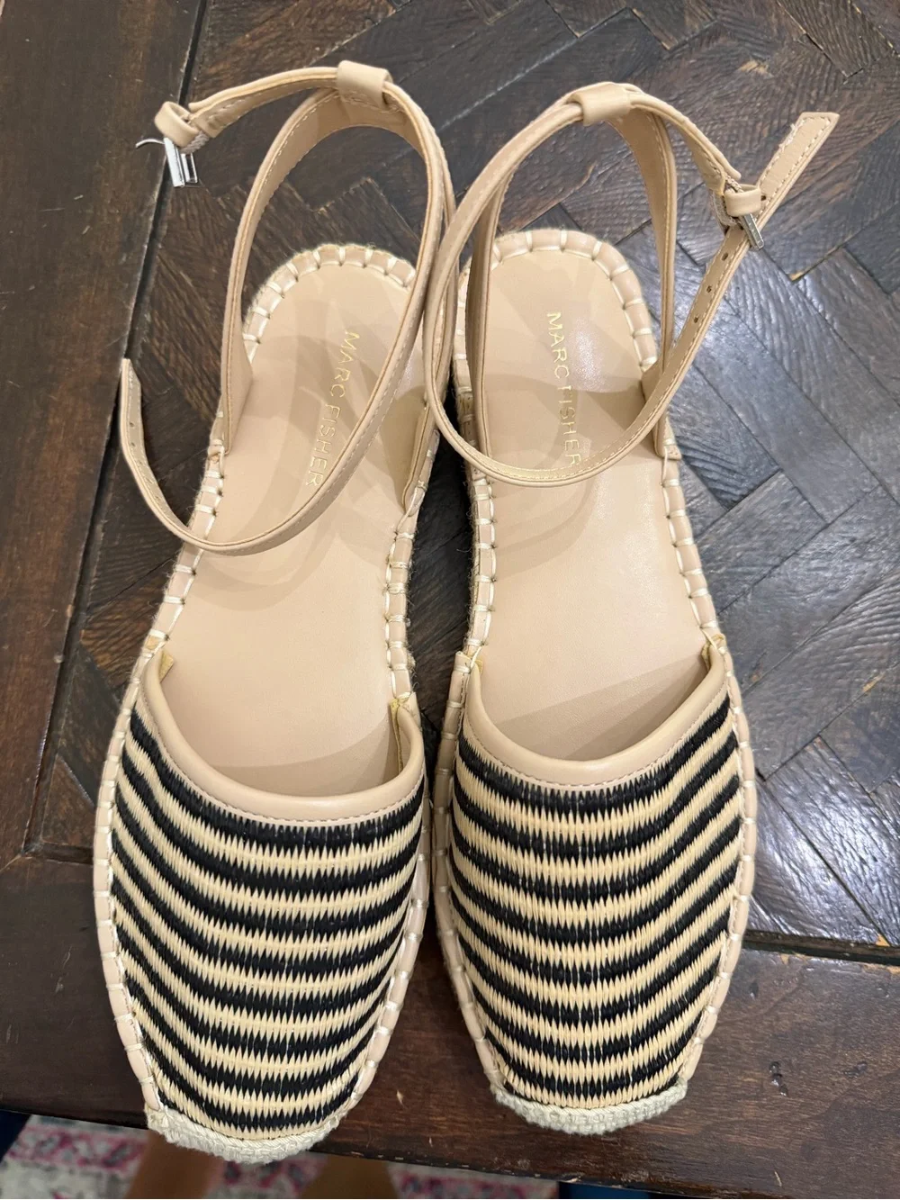 Marc Fisher Beige and Black Striped Espadrille Ankle-Strap Flat